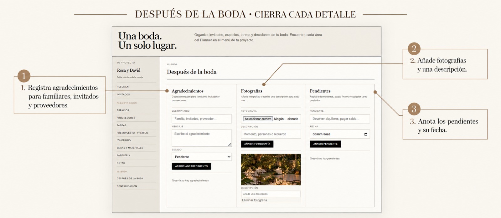 Pantalla «Después de la boda» del planificador con tres secciones para registrar agradecimientos, añadir fotografías y anotar pendientes con sus fechas.