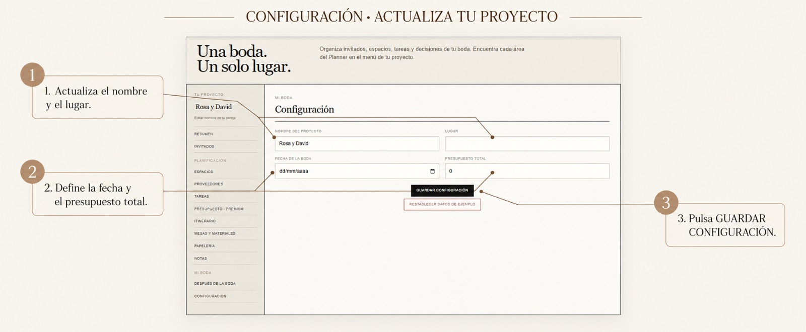 Pantalla de configuración del planificador de bodas con instrucciones para actualizar el nombre, el lugar, la fecha y el presupuesto, y guardar los cambios.