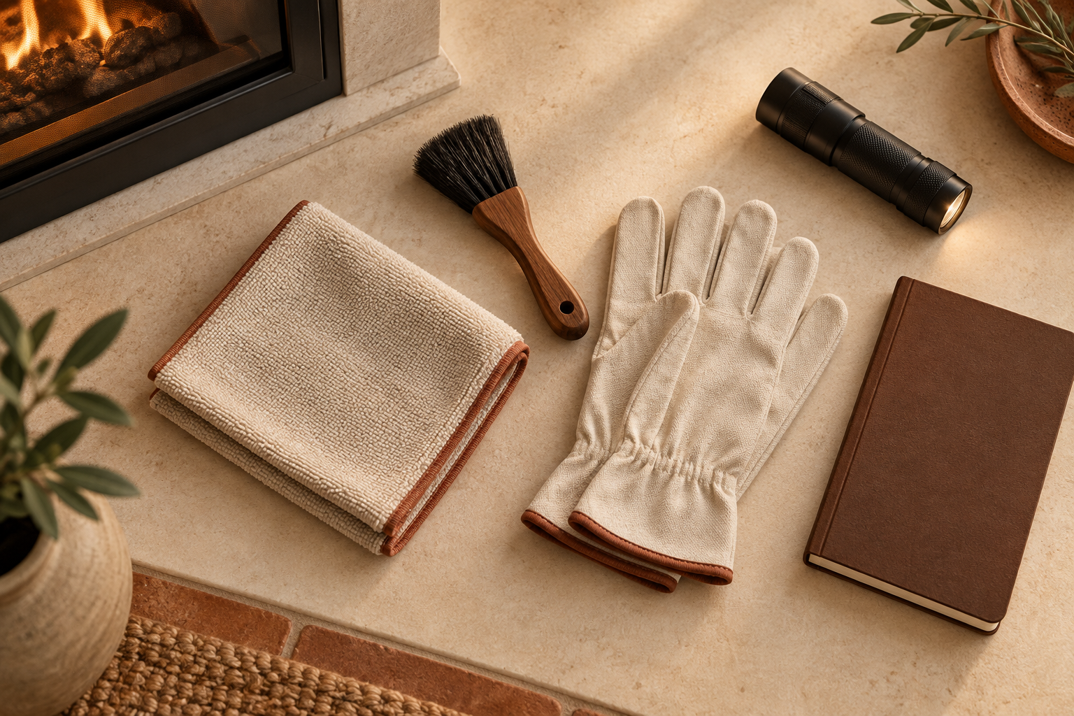 Ilustración generada de guantes, paño, cepillo, linterna y libreta junto a una chimenea.